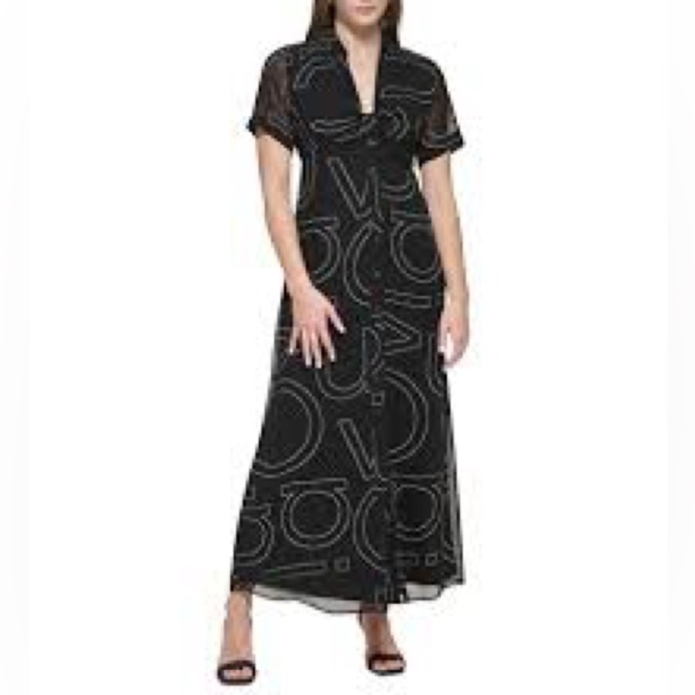 Calvin Klein Black Maxi Dress with Graphic Pattern, Size 16